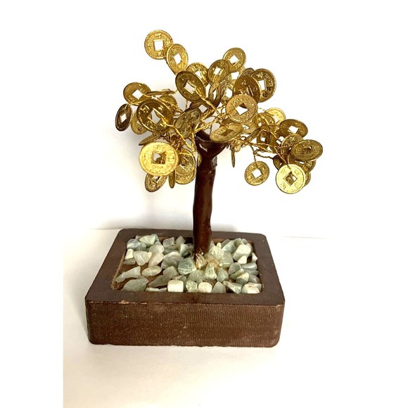 Money Gold Coin Wire Wrap Tree Fengshui Decorative Tree Size 6" X 4" X 3" - Picture 2 of 12